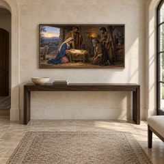 Nativity in Quiet Light oil painting displayed in a limestone entry gallery