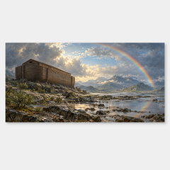 Noah's Ark After the Storm – Covenant Landscape on a neutral gray background