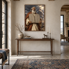 The Ten Commandments oil painting displayed in a entryway