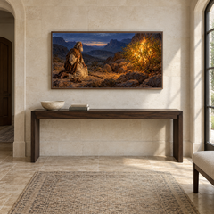 The Burning Bush oil painting displayed in a limestone entry gallery