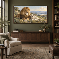 The Lion and the Lamb oil painting displayed in a olive home library