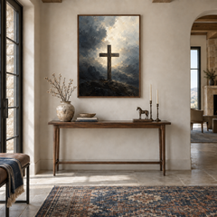 Cross oil painting displayed in a entryway