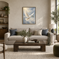 Dove of Peace oil painting displayed in a modern living room