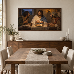 Recognized at Emmaus oil painting displayed in a walnut dining room