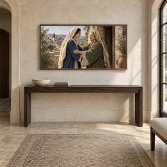 The Visitation oil painting displayed in a limestone entry gallery