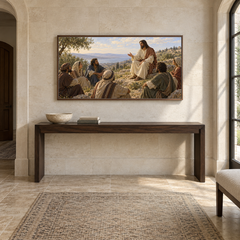The Beatitudes on the Mount oil painting displayed in a limestone entry gallery