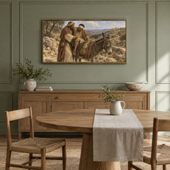 The Good Samaritan oil painting displayed in a sage dining alcove