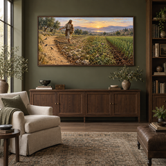 The Sower and the Seed oil painting displayed in a olive home library