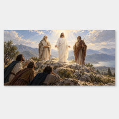 Jesus, Moses, Elijah, and the witnessing disciples in Luke’s mountain scene.