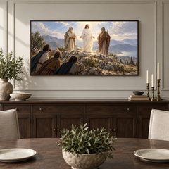 The Transfiguration oil painting displayed in a classic dining room
