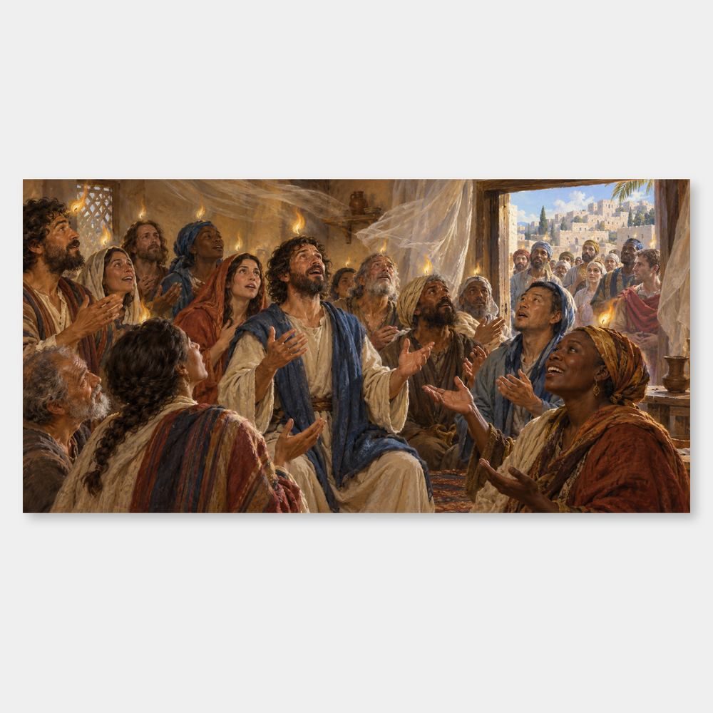 The gathered followers and flame-like imagery of Acts 2.