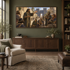 Jonah’s Warning to Nineveh oil painting displayed in a olive home library