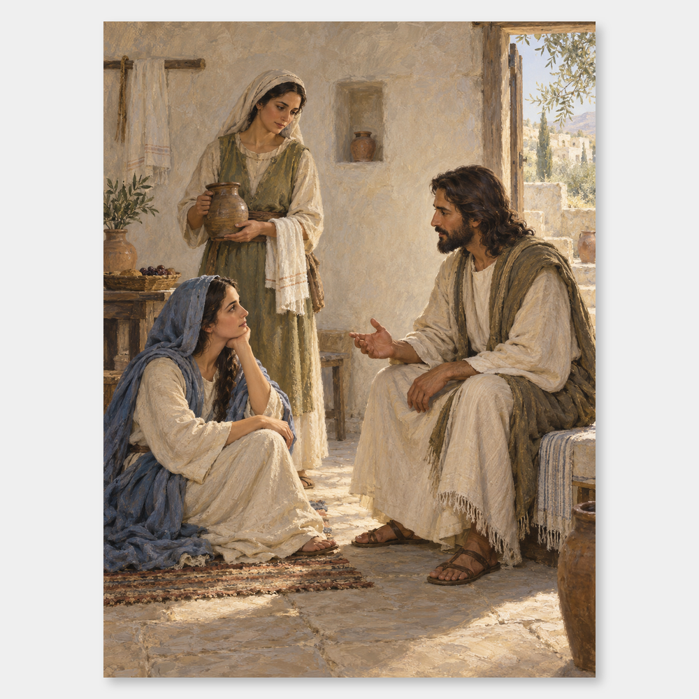 Mary and Martha at Bethany on a neutral gray background