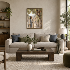 Zacchaeus Welcomed by Jesus oil painting displayed in a modern living room