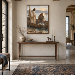 The Great Catch at Gennesaret oil painting displayed in a entryway