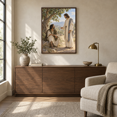 Nathanael Beneath the Fig Tree oil painting displayed in a quiet reading and prayer corner