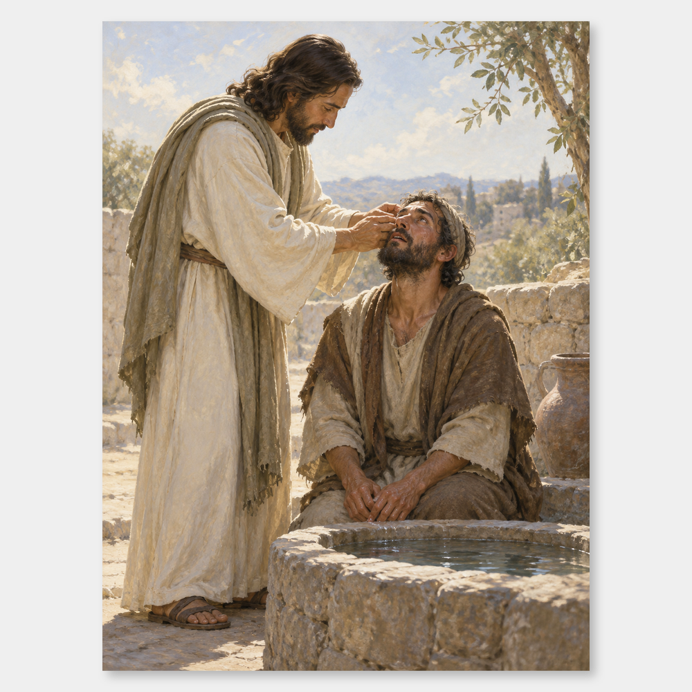 The Man Born Blind on a neutral gray background