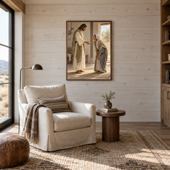 Jesus Heals the Bent Woman oil painting displayed in a reading room