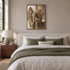 The Widow’s Offering oil painting displayed in a neutral bedroom