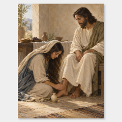 Mary Anoints Jesus at Bethany on a neutral gray background