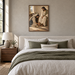 Mary Anoints Jesus at Bethany oil painting displayed in a neutral bedroom
