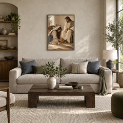 Mary Anoints Jesus at Bethany oil painting displayed in a modern living room