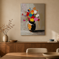Multicolor floral vase painting FL244 against a beige dining room wall