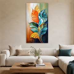 Teal and orange botanical wall art coordinating with a warm neutral room