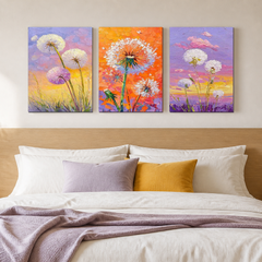 Purple and orange three-panel wildflower wall art set FL312 above a king bed