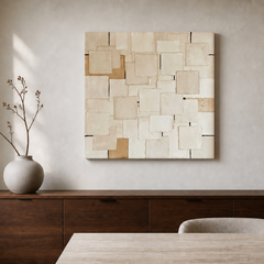 Square cream and ivory geometric textured wall art MI081 above a walnut cabinet