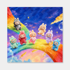 Rainbow Dream Parade inspired oil painting, complete square artwork on a light gray background