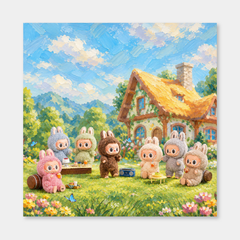 Pastel Garden Gathering inspired oil painting, complete square artwork on a light gray background