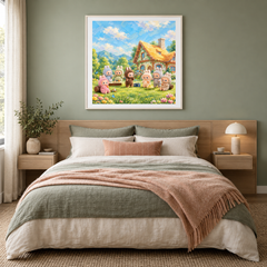 Pastel Garden Gathering oil painting displayed in a bedroom