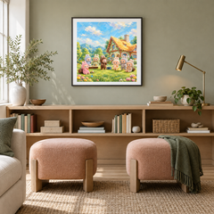 Pastel Garden Gathering oil painting displayed in a reading area