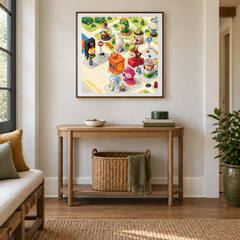 Little City Daydreams oil painting displayed in a entryway