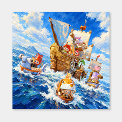 Ocean Adventure Crew inspired oil painting, complete square artwork on a light gray background