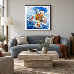 Ocean Adventure Crew oil painting displayed in a living room