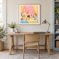 Sweet Little Celebration oil painting displayed in a creative workspace