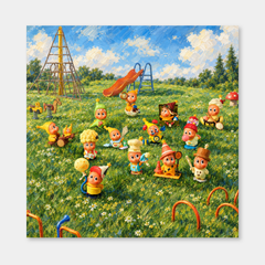 Garden Playdate inspired oil painting, complete square artwork on a light gray background