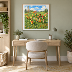 Garden Playdate oil painting displayed in a creative workspace