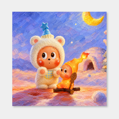 A Little Warmth inspired oil painting, complete square artwork on a light gray background
