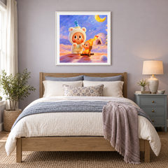 A Little Warmth oil painting displayed in a bedroom