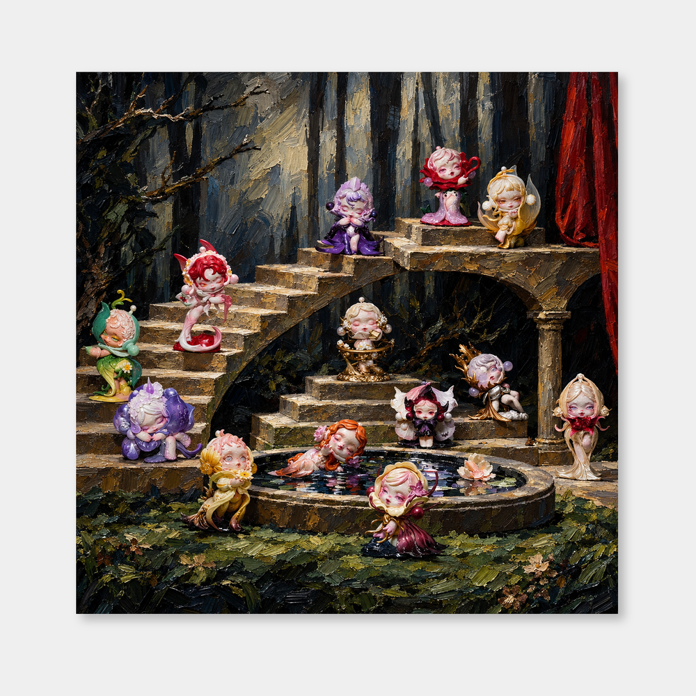 Midnight Petal Theatre inspired oil painting, complete square artwork on a light gray background