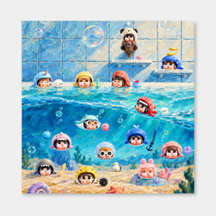 Poolside Little Feelings inspired oil painting, complete square artwork on a light gray background