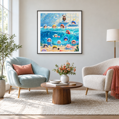 Poolside Little Feelings oil painting displayed in a living room