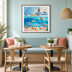 Poolside Little Feelings oil painting displayed in a cafe lounge