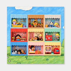 Nine Small Stories inspired oil painting, complete square artwork on a light gray background