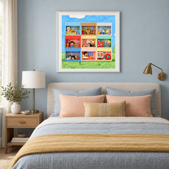 Nine Small Stories oil painting displayed in a bedroom