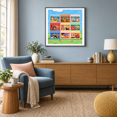 Nine Small Stories oil painting displayed in a reading area