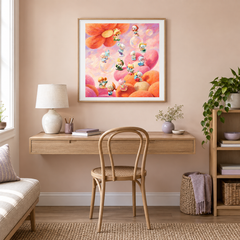 Blossom Daydream Parade oil painting displayed in a creative workspace